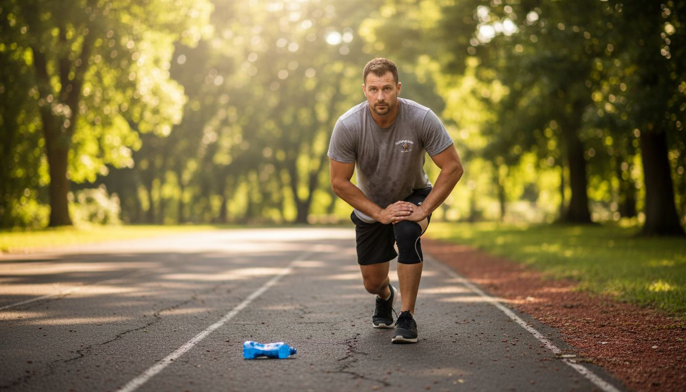 Athlete stretches, thigh compression sleeve visible
