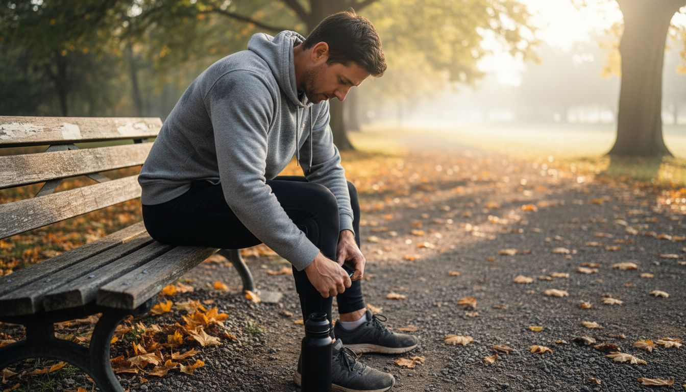 Runner adjusting knee strap on park bench
