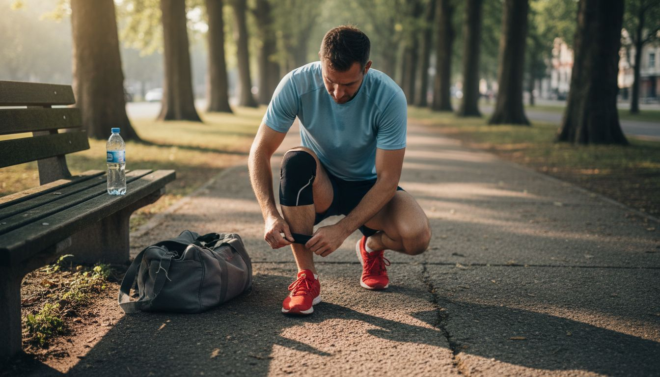 Runner adjusting knee support on park trail