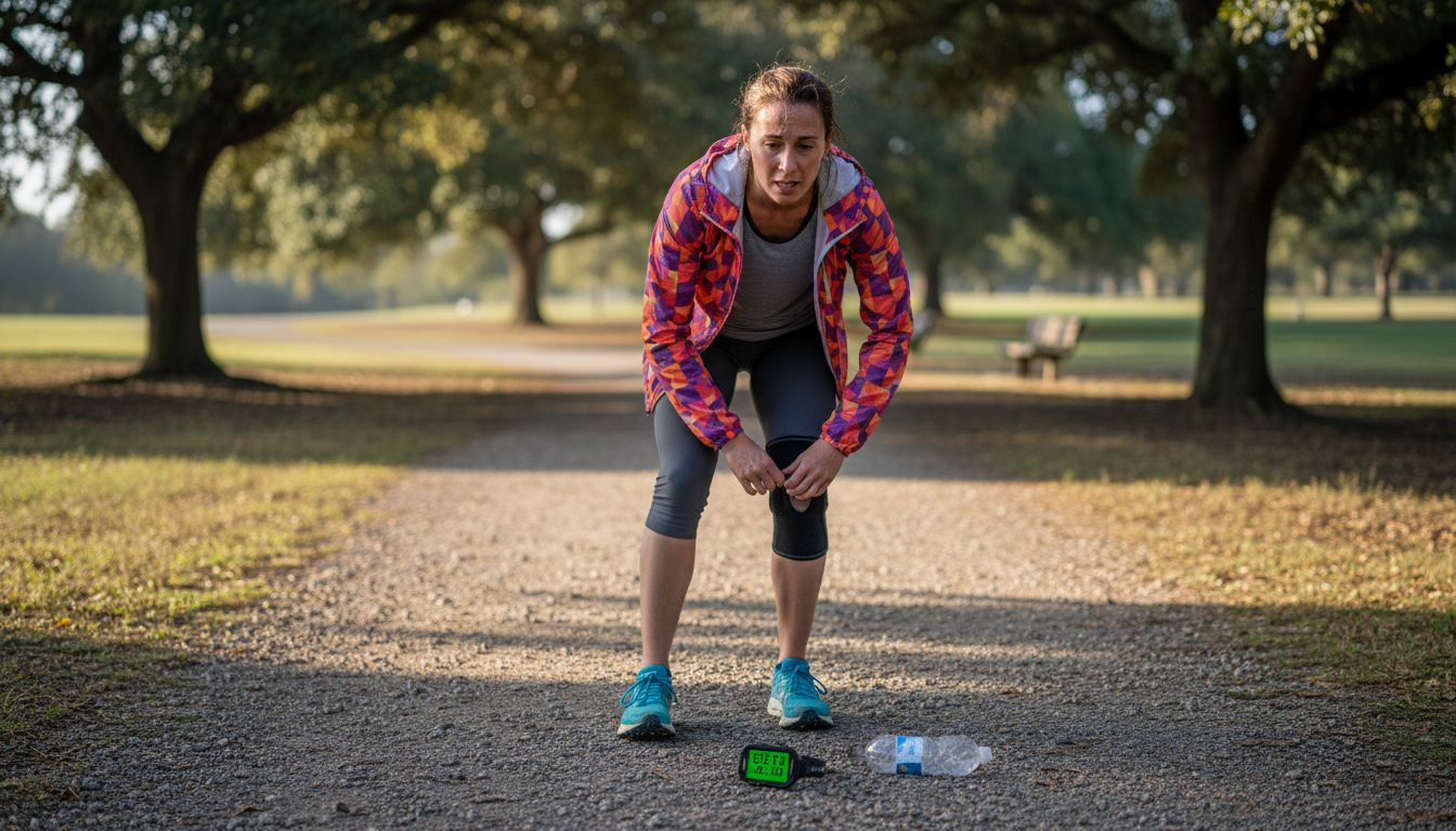 Runner adjusting knee brace in park