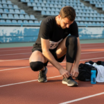 Runner tying shoelaces with thigh sleeves
