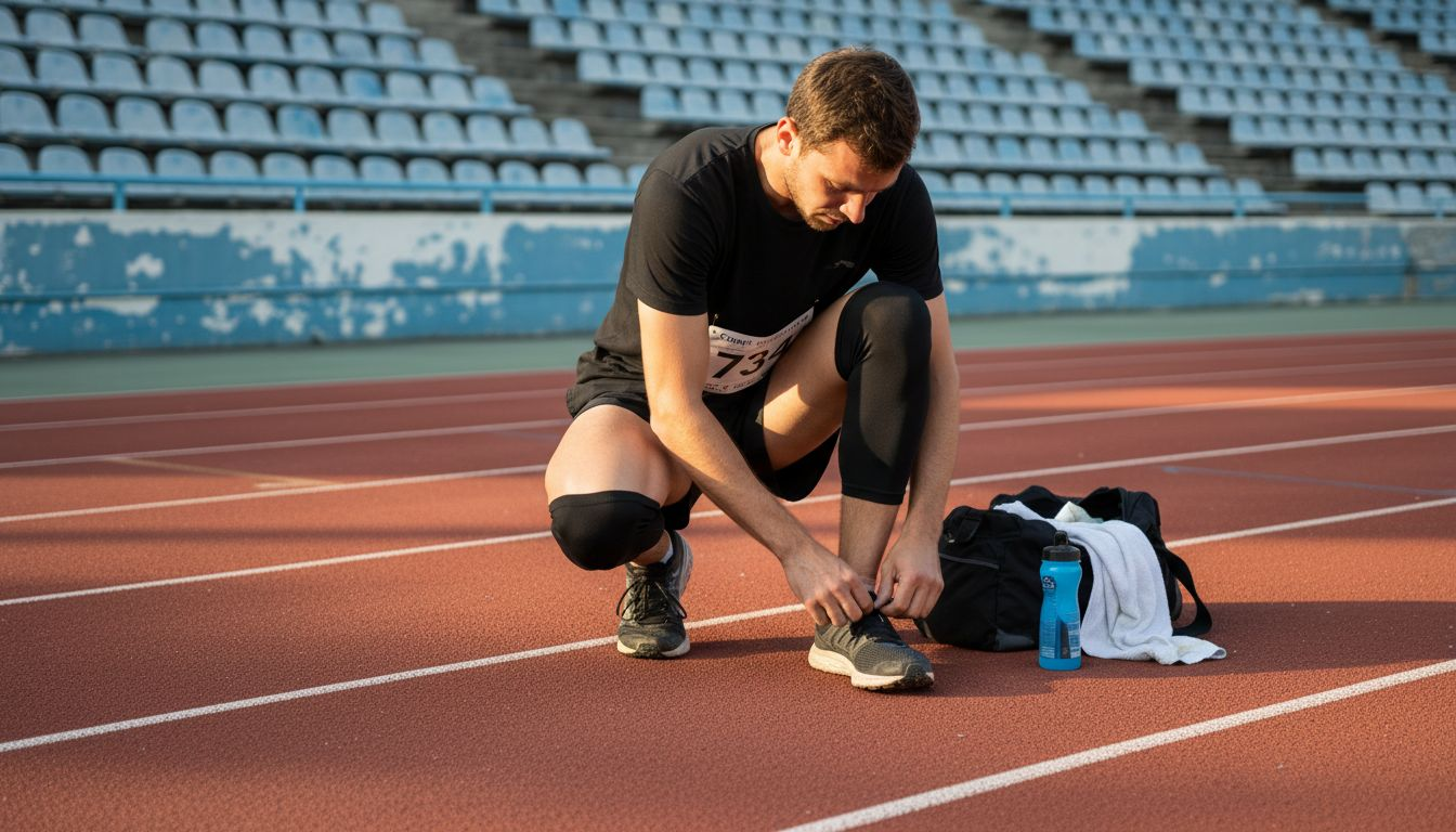 Runner tying shoelaces with thigh sleeves