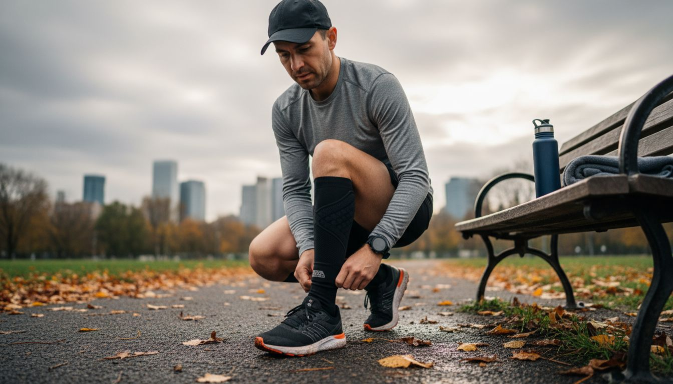 Runner adjusting Achilles support on park trail