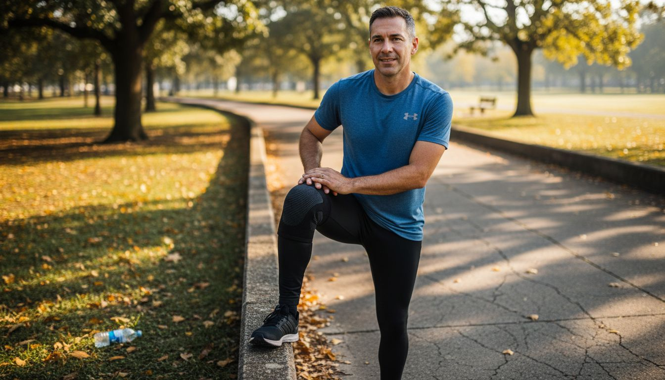 Runner stretching with knee brace outdoors