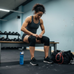 Athlete adjusting knee pads in gym