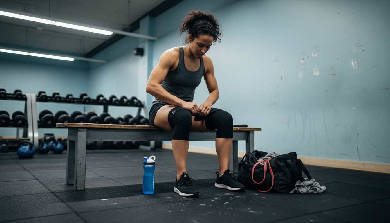 Athlete adjusting knee pads in gym