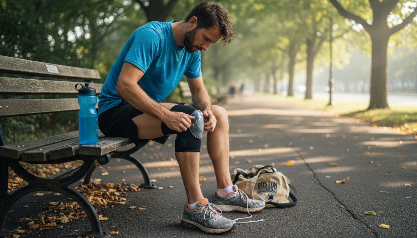 Runner applying gel knee pad on park bench