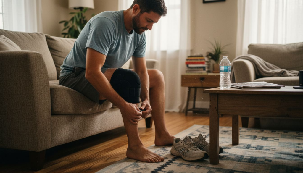 Man fitting knee brace in casual living room