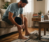 Man fitting knee brace in casual living room